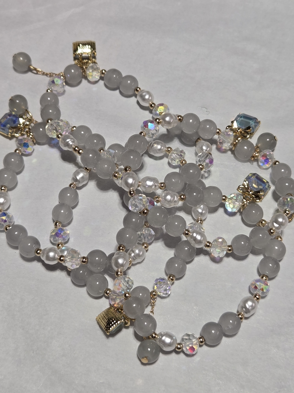 8mm Gray Beaded Bracelet Set with Gold Accents and Iridescent Crystals - For 1